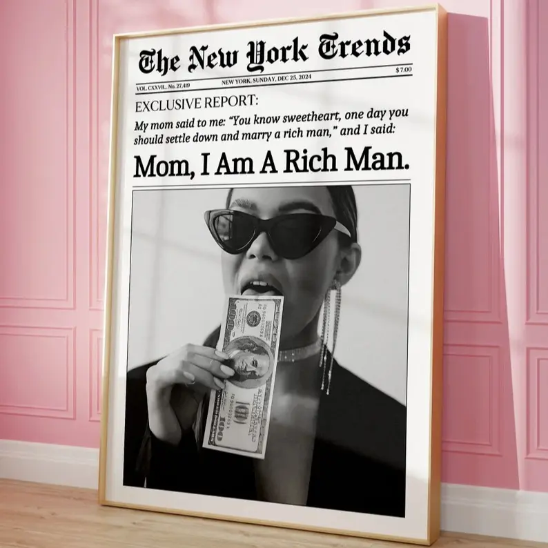 Trendy Newspaper Print, Mom I am a rich man Cher Quote Poster, New York Times Magazine Cover Retro Bar Cart Girl Dorm Room Feminist Wall Art