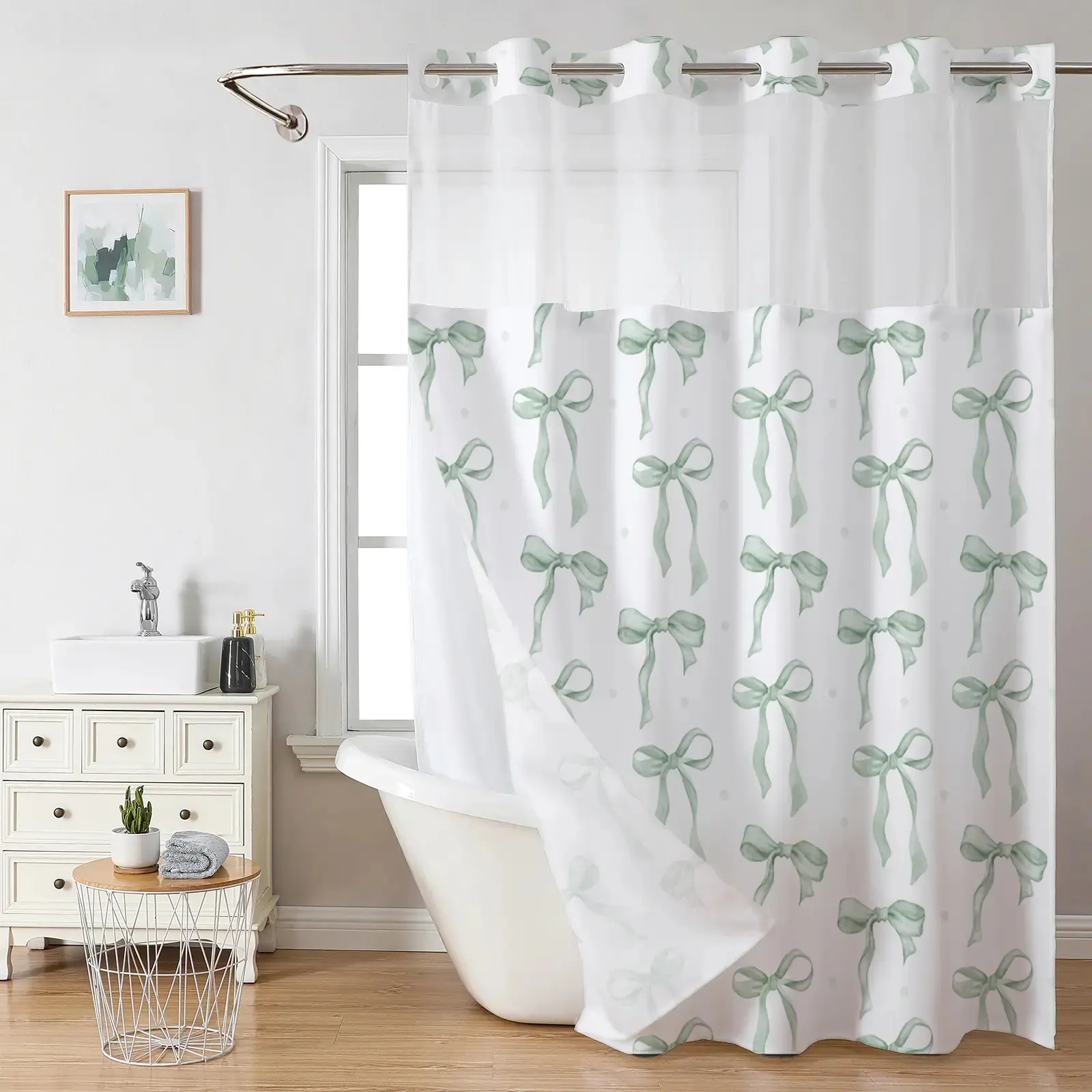 Cyan Bowknot Double-Layer Shower Curtain, Hookless Design, Snap-in Liner, Waterproof Fabric Inner Layer & Washable White Outer Cloth, Modern Bathroom Accessory for Home, Hotel, Salon, and Dorm, 72 x 75 Inch.