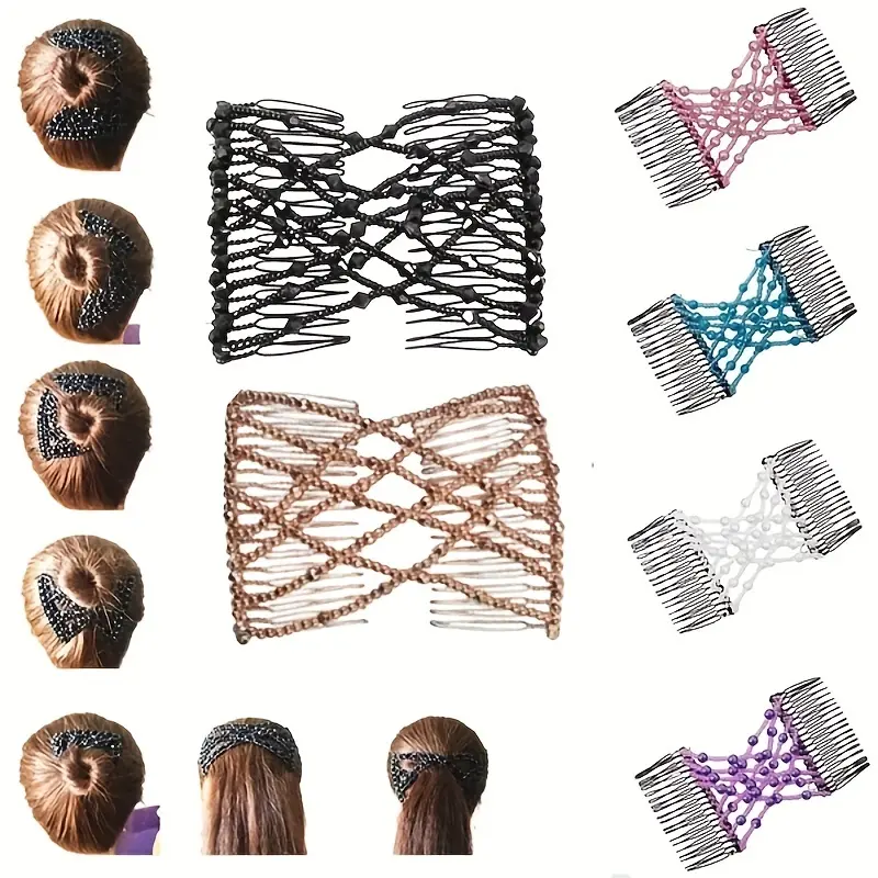 Women's 6pcs Set Hypoallergenic Unscented Magic Stretchy Flexible Double Comb - 3.34 x 2.95 Inches Side Combs with Elastic Rope, Secure Hold for Normal Hair Quick Updos, Daily Hair Accessories