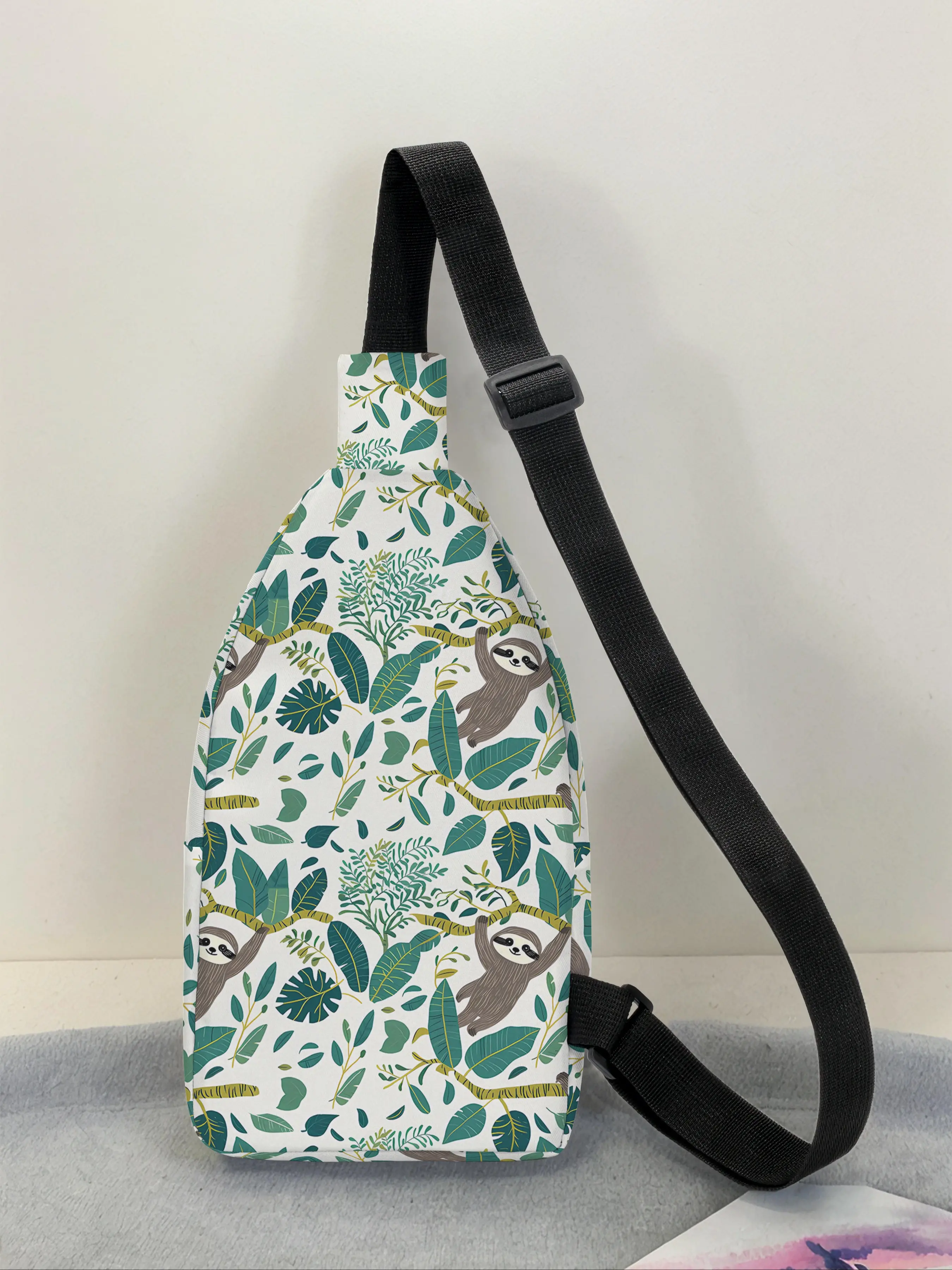 Fashion Women's Chest Bag with Adjustable Strap, Large Capacity Satchel Belt Bag, Leaf Sloth Print, Durable Crossbody Bag for Travel Hiking