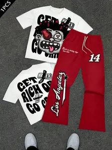 Unisex Street Style "Get rich or go crazy" slogan print T-shirt and pants set with quirky boy and dollar sign prints. Suitable for streetwear, Y2K style, loose-fitting couple's outfit, high street fashion, athletic style, back-to-school season