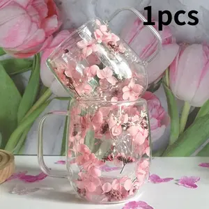 1pcs 350ML Small Fresh Dried Flower Cup Dual-Layer Glass Mug, Stylish Drinkware for Daily Use, Perfect Gift Idea