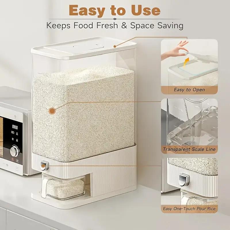 25LB Airtight Food Storage Container with Cup - Large Rice & Flour Dispenser, Moisture Proof Bin
