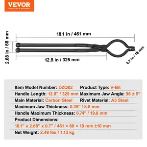 VEVOR Blacksmith Tongs, 18 V-Bit Bolt Tongs, Carbon Steel Forge Tongs with A3 Steel Rivets, for Long, Irregular, and Nail-shaped Forgings, for Beginner and Seasoned Blacksmiths and Bladesmiths