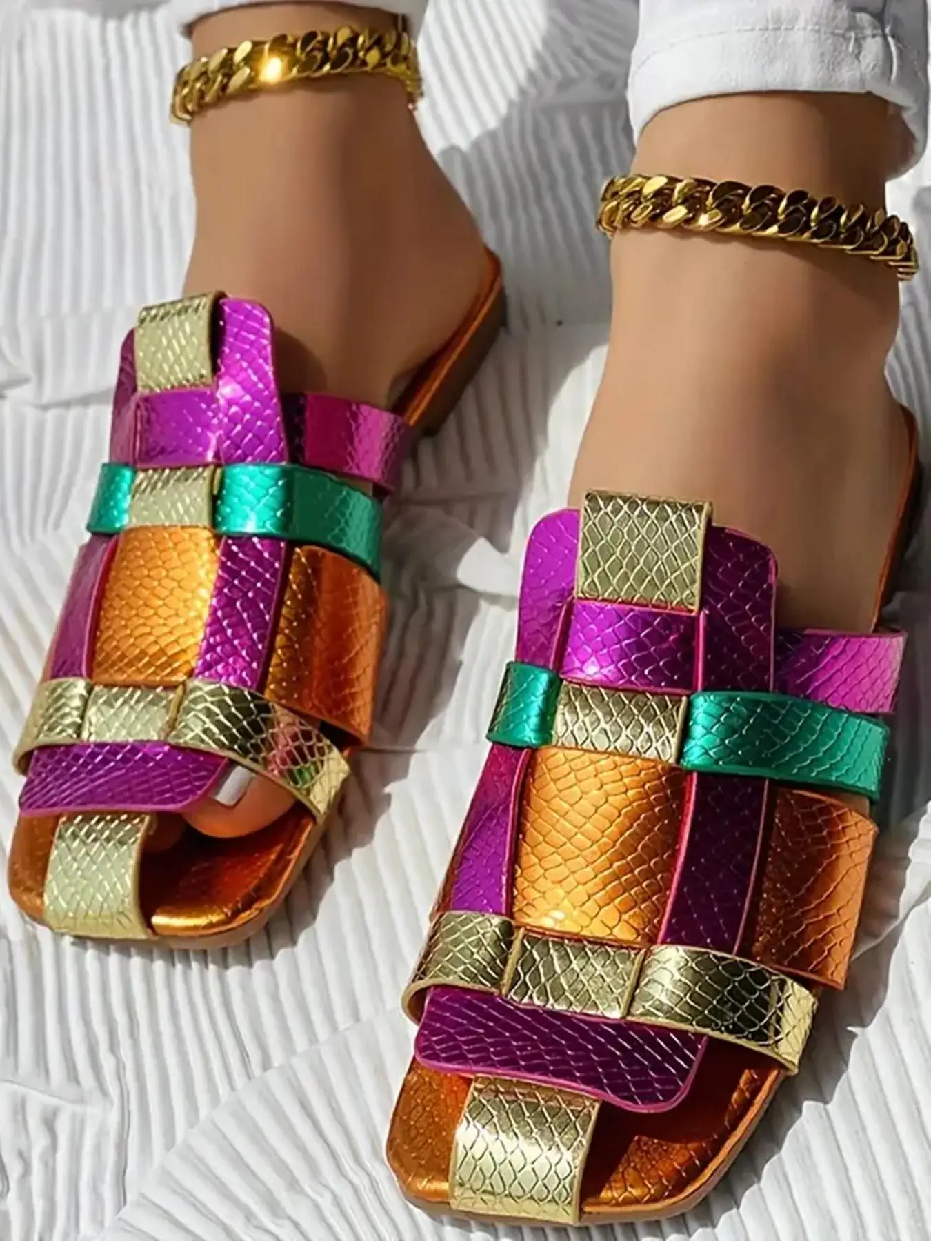 Women's Fashionable Colorblock Fashion Slippers, Casual Comfortable Flat Sandals for Summer, Female All-match Round Toe Slide Sandals for Beach & Outd