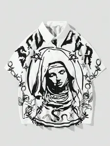 Men's Casual Short Sleeve Shirt, Gothic Rebel Style, Nun Angel Snake Print, Contrast, Spring Fall Fashion, Regular Fit