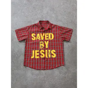 Men's Jesus Letter Print Short Sleeve Plaid Shirt, Casual Fitted Style, Trendy Fashion, Streetwear, All Seasons