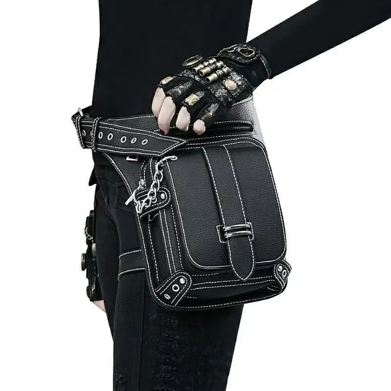 Unisex WOMEN'S PU leather black and white stitching waist bag, purse, motorcycle bag