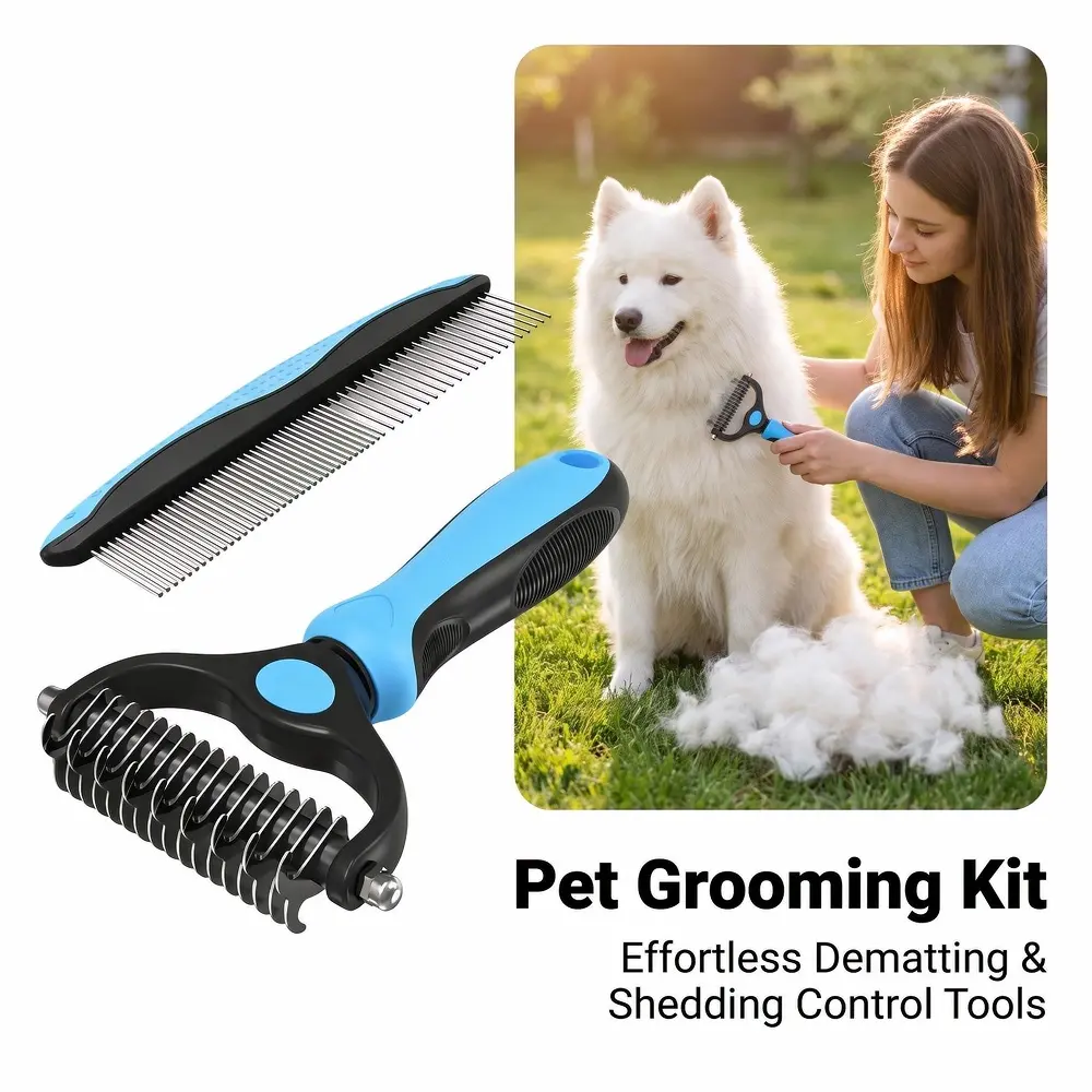 Pet Grooming Set - Blue Dematting Brush with Metal Comb, Ideal for Detangling & Removing Mats from Long Matted Fur of Cats and Dogs stainless hair rake extra-wide easy removal brush-double hurtless groomer tool