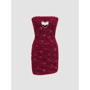 Cider [2 colors, size 0-26] Lace Ruched Rhinestone Heart Cut Out Tube Mini Dress