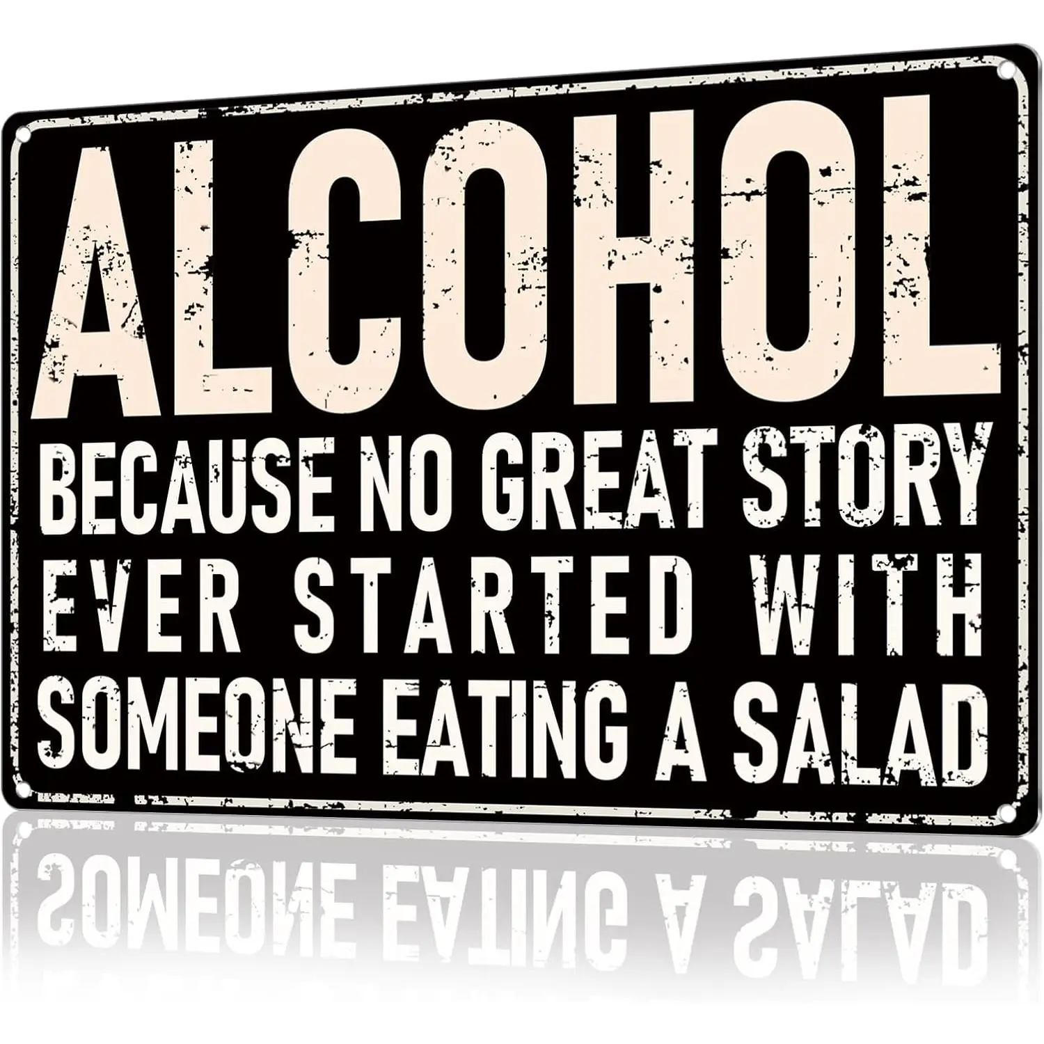 Funny Bar Sign Or Man Cave Decor | 12X8″ Durable Vintage Metal Beer Signs Wall Decorations For Home Bar/Basement/Garage/Mancave, "Alcohol – No Great Story Started With Salad", 2349