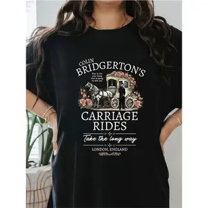 Colin Bridgerton's Carriage Rides Black Cotton T-Shirt for Women, 180g Soft Casual Short Sleeve Crew Neck Tee with Stylish London England Graphic Print, Perfect for Fans of British Themes and Vintage Travel Fashion, Comfortable Lightweight Women's Top