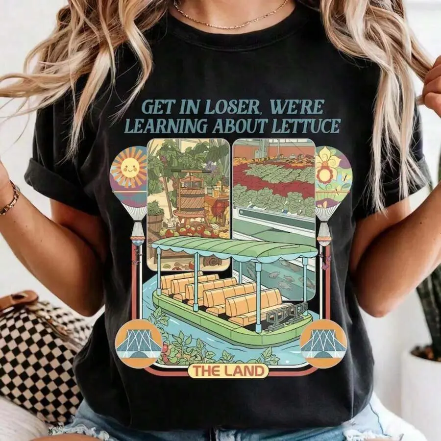 Women's 2026 100% Cotton Round Neck Short-Sleeve Vintage Graphic Tee - Cargo Outdoor Baggy Oversized Top, Retro Epcot Living With The Land Aesthetic, Funny "Get In Loser We're Gonna Learn About Lettuce" D Park Essential Summer Fashion
