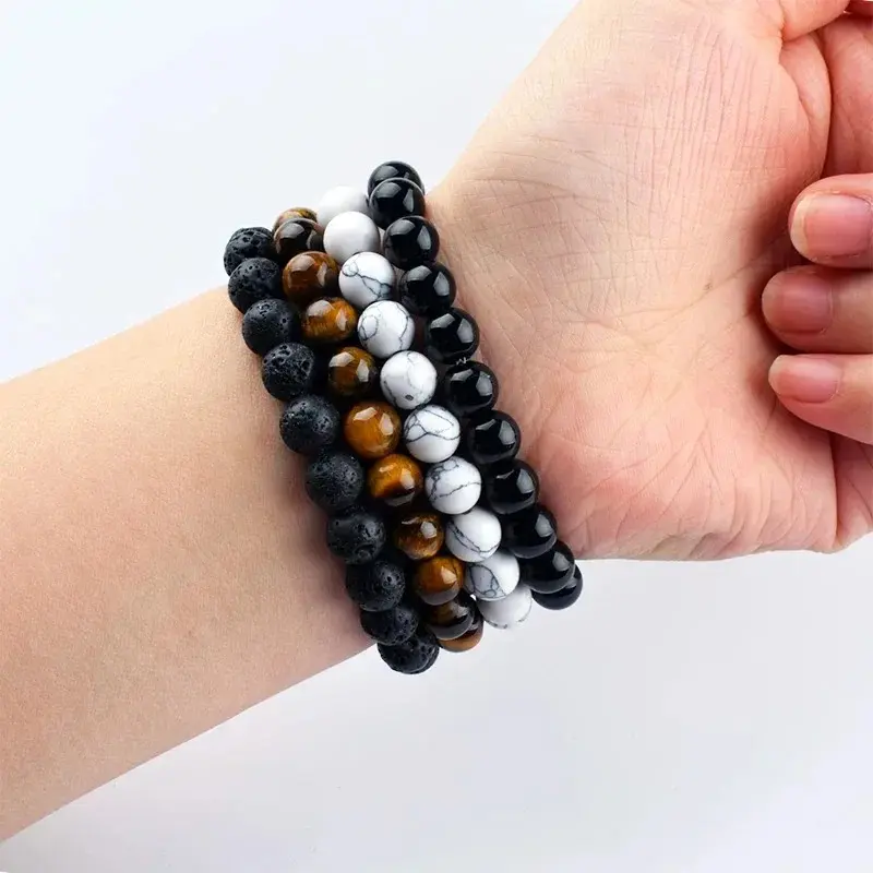 Unisex 4-Piece 8mm Stretch Beaded Bracelet Set, Natural Stone Jewelry with Black Obsidian, Hematite, Tigers Eye, Agate for Balance & Daily Wear
