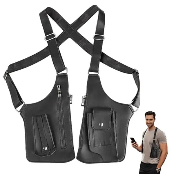 Men’s Vintage Adjustable PU Leather Harness Belt Bag - Double Shoulder, Large Cap., Lightweight Athletic Design, Zip Anti-Theft Hidden Compartment, Slim Fit Under Clothes, Secure Carry (Father’s Day Gift Option)