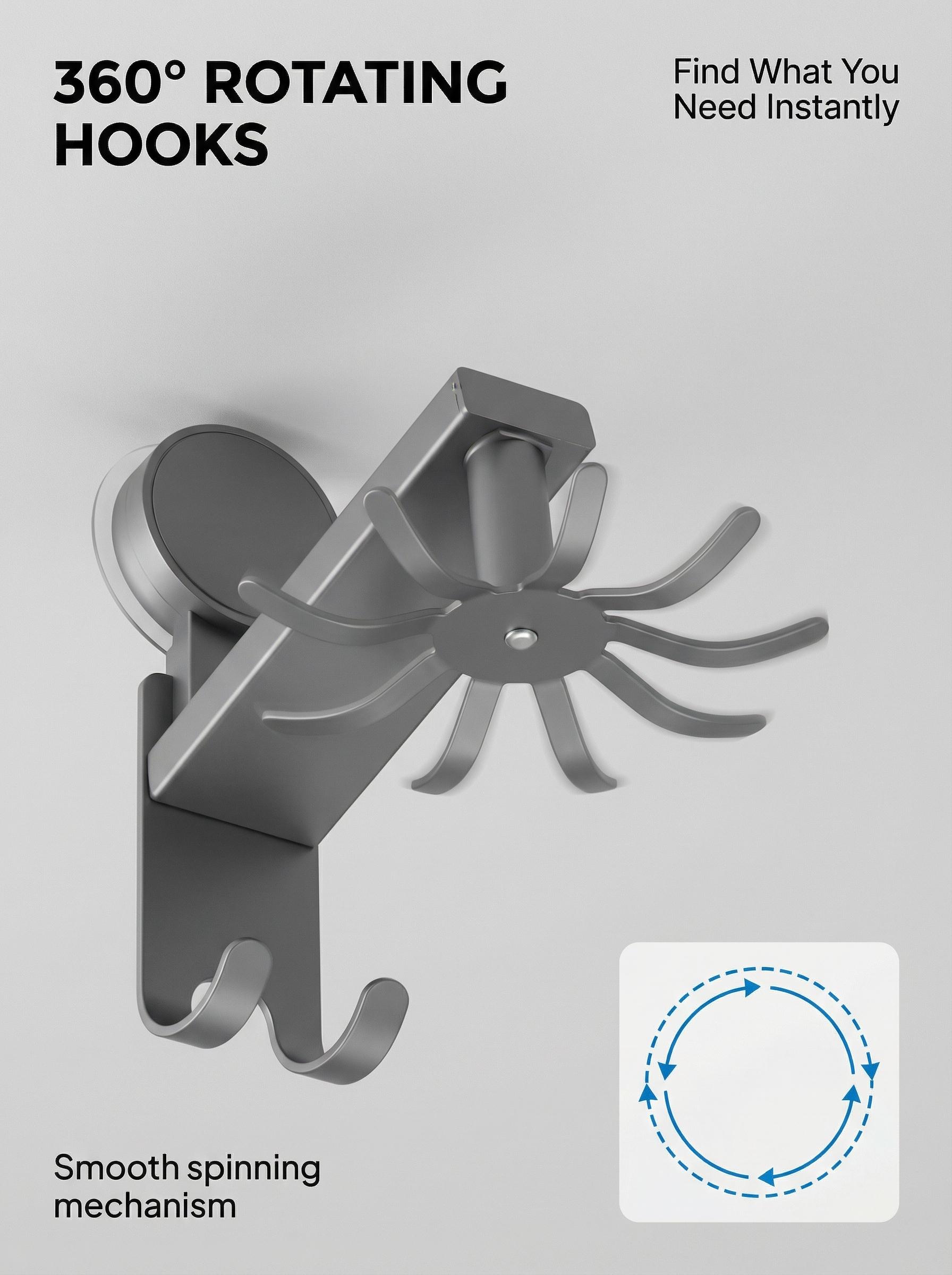 Grade Suction Utility Rack No-Drill Space Aluminum Hook for Bathroom & Kitchen Drill-Free Rotating Storage Hook Rustproof Organizer for Walls Heavy-Duty Suction Power Matte Gray Finish