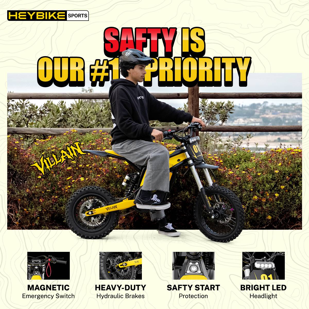 HEYBIKE-VILLAIN Electric Bike | Peak Power 4160W | 190N·m Torque | Top Speed 45 MPH | Range Up to 50 Miles | 52V 26Ah Removable Battery | All-Terrain Fat Tires | Hydraulic Suspension | IPX6 Waterproof | Magnetic Safety Cut-Off