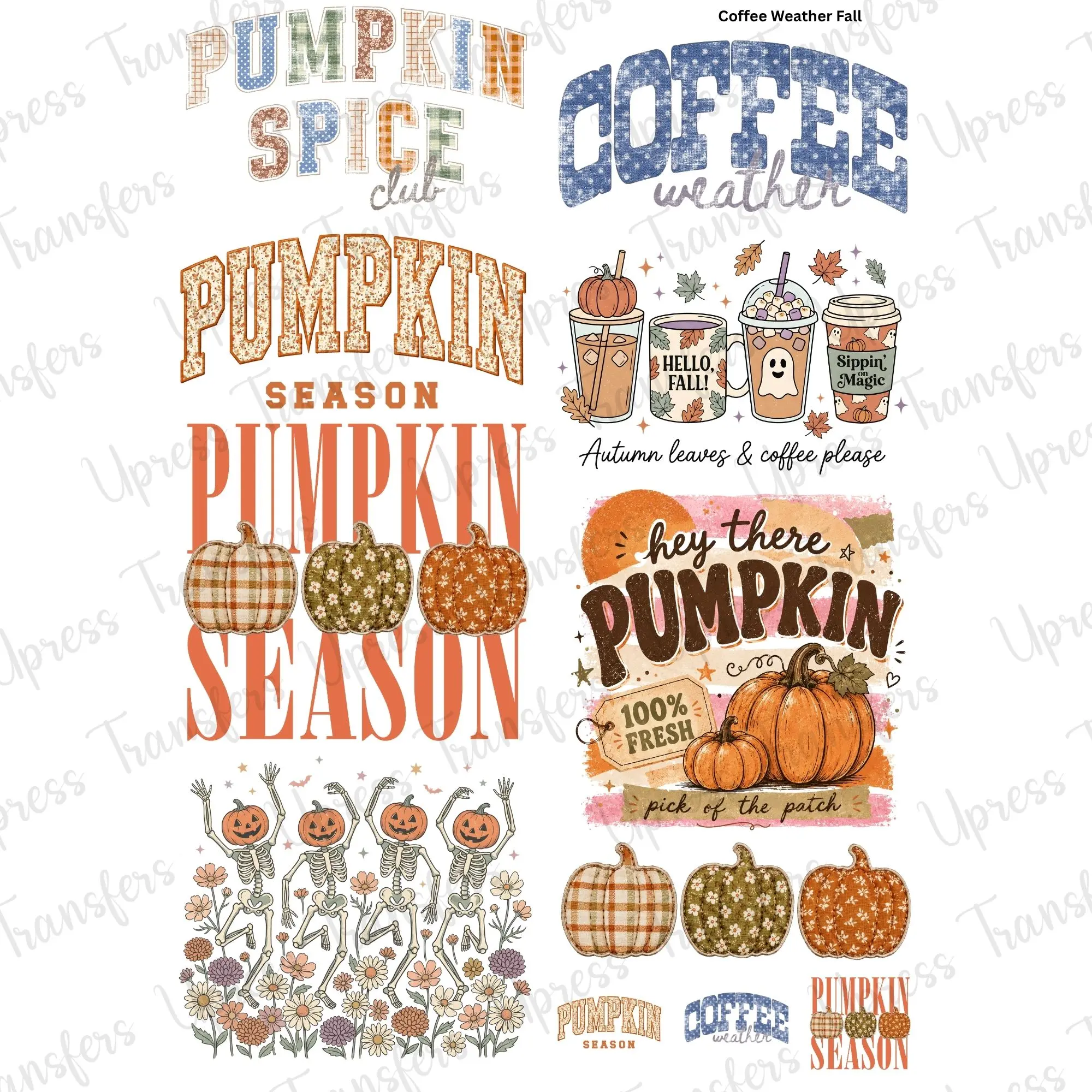 Coffee Weather Fall DTF Transfer Gang Sheet 24.5" wide x 36" long. Direct To Film Mini Gang Sheet