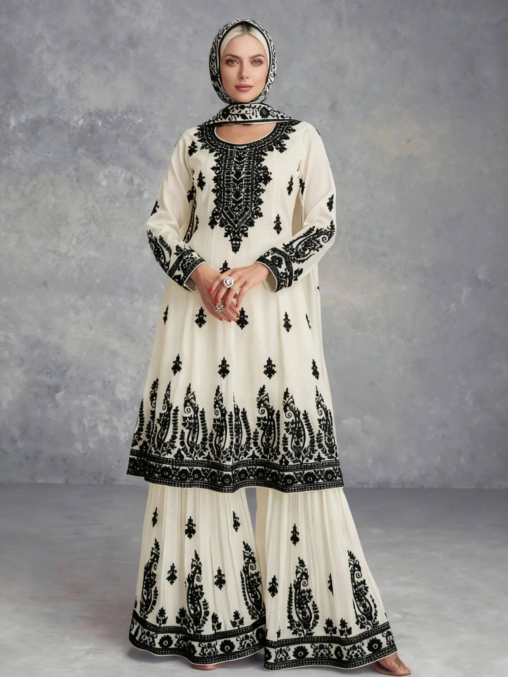 Muslim Women Ethnic Style Fashion Casual Belted Printed Set Top + Pants, Round Neck Fitted Long Sleeve Blouse, Spring & Fall