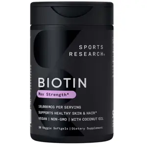 Sports Research Biotin 10,000mcg with Organic Coconut Oil - Biotin (Vitamin B7) for Healthy Skin and Hair Support* - for Women and Men - Vegan, Non-GMO, Gluten & Soy-Free - 30 Veggie Softgels
