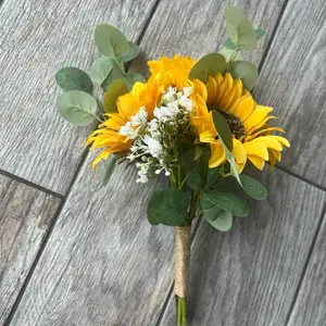 Sunflower and Eucalyptus Greenery Bridesmaid Bouquet - Yellow Sunflowers with Greenery and White Flowers in Natural Twine - Snack