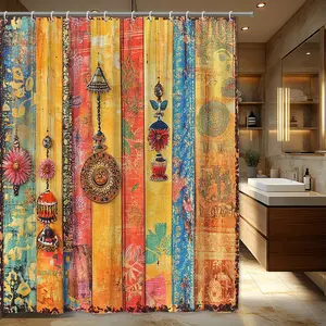 1pc Vintage Bohemian Shower Curtain Indian Inspired Ornament Design with Colorful Pendants on Rustic Wood Polyester Fabric Bathroom Decor Includes  Hooks Machine Washable Elegant Shower Curtain