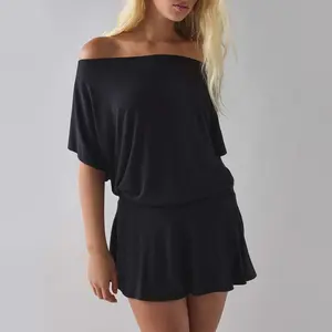 FISOEW  Sports 2026 Summer Spring Women's dresses,  Draped  Off-The-Shoulder Mini Dress,suitable for beach vacations and leisure holidays, party dresses. Fit Casual Black Style Womenswear