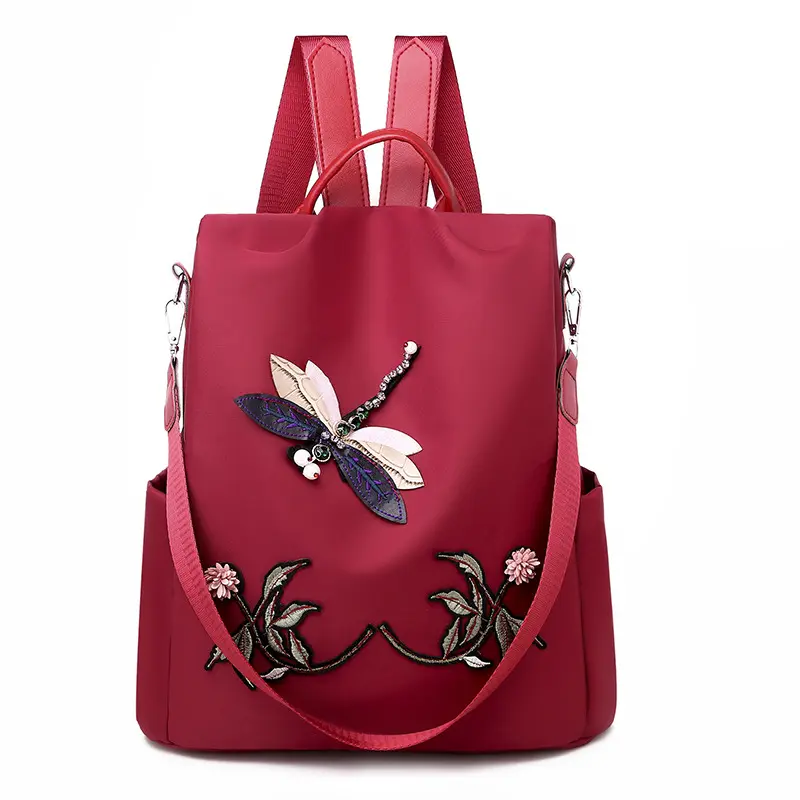 Women's new backpack with 3D embroidered dragonfly, Chinese style Oxford cloth backpack, large-capacity outdoor travel bag