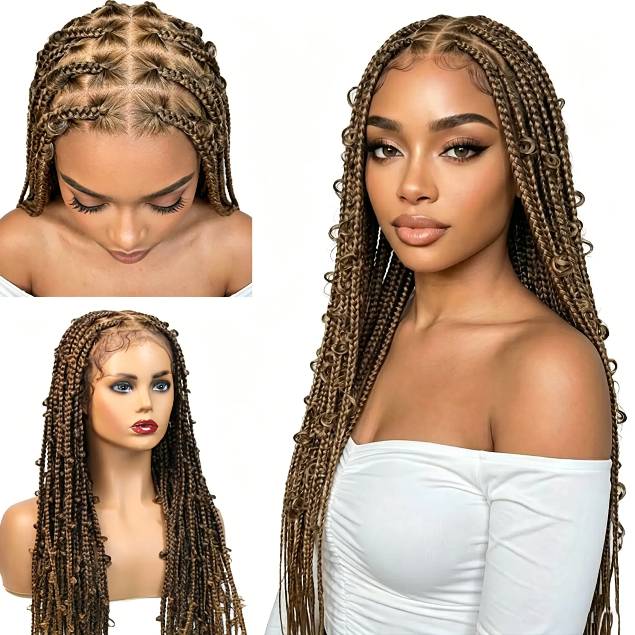 Synthetic Full Lace Cornrow Braids Wigs Honey Blonde Butterfly Braided Wigs Bohemian Knotless Box Braided Wig For Black Women Ginger Brown Braiding Wig