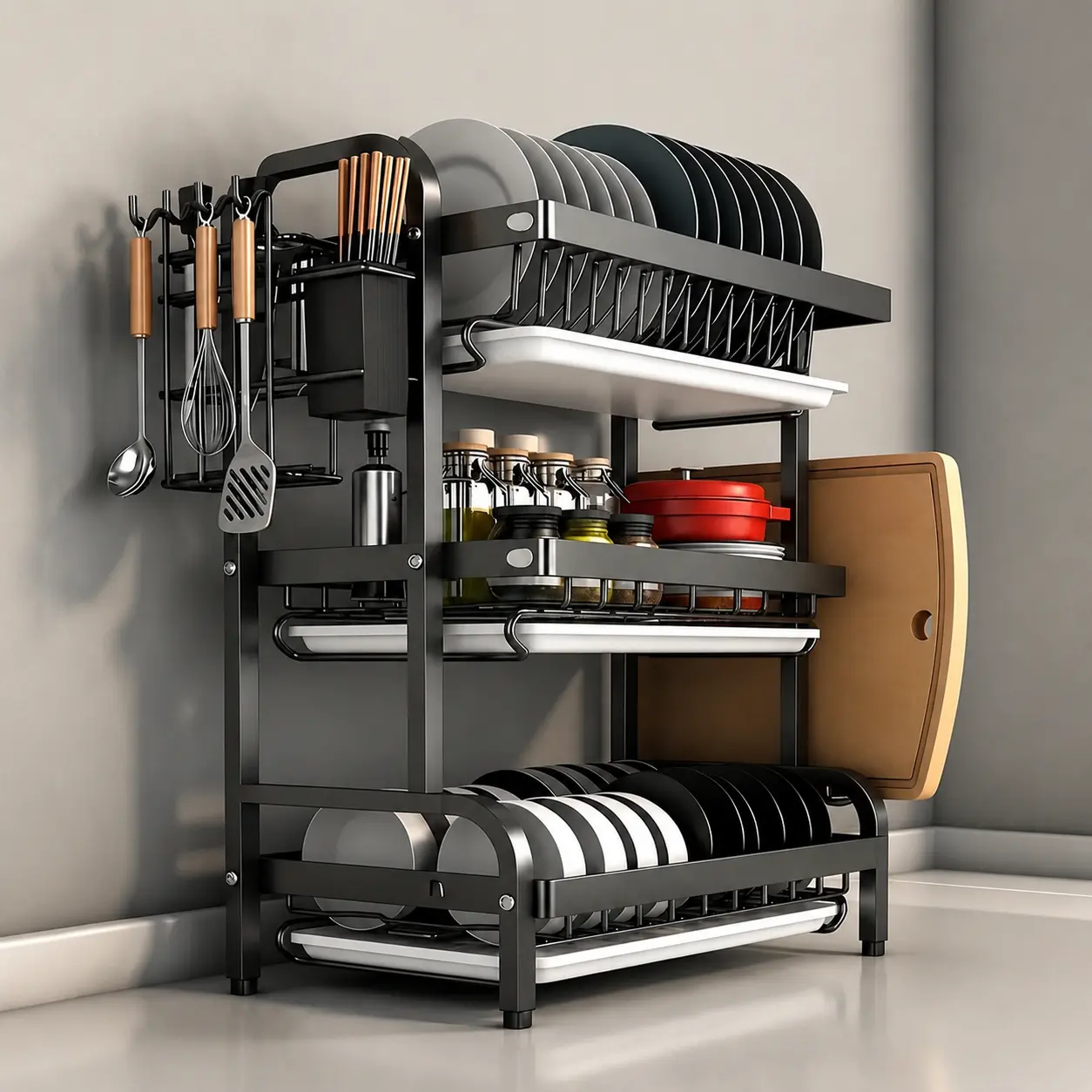 Modern Stainless Steel Kitchen Counter Organizer Rack - 1 Black 3-Tier Metal Adjustable Expanding Drying Rack Shelving & Storage with Drainboard, Space-Saving for Plates, Cups, Utensils, Knives, Adjustable Storage Rack, 1 Black 3-Tier Item