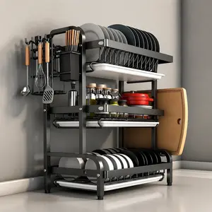 Modern Kitchen Counter Organizer, 3 Tier Dish Drying Rack with Drainboard, Space Saving Kitchen Storage Rack for Plates, Cups and Utensils small stainless cocina