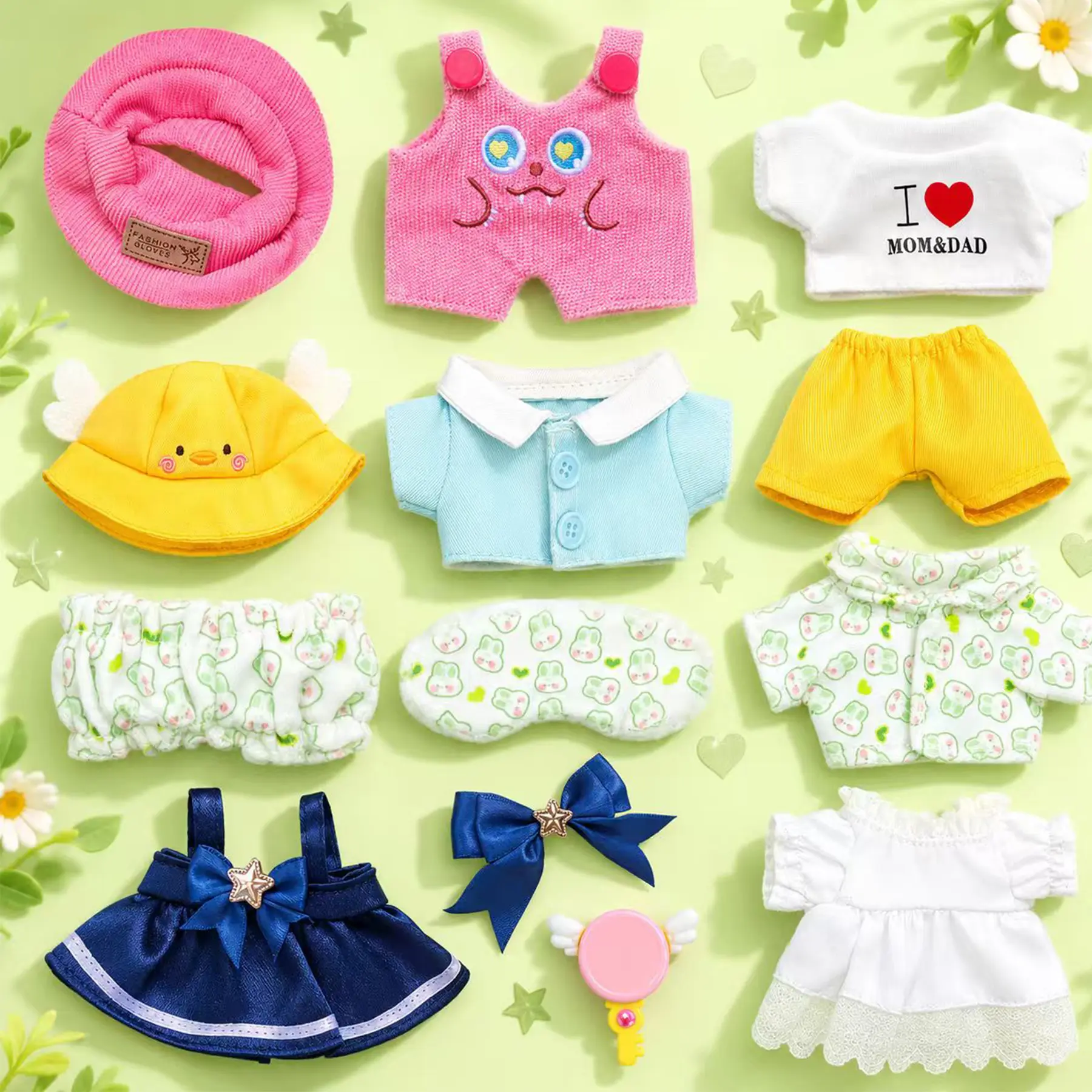 Kireidane 13-14 Pieces Doll Clothing Set for 6 Inch Plush Dolls, Stuffed Animal Clothes with Hats, Shirts, Pants, Dresses, Bows, Glasses for Pretend Play, Halloween Display, Endless Styling
