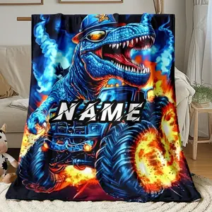 1pc Custom NameMonster Trucks and Dinosaurs Portable Blanket- Lightweight Throw for Sofa Bed Travel Camping, Livingroom Office Couch Chair, and Bed - Digital Printing Blanket with Soft and Warm Fabric Winter Warmth