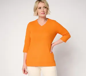 Denim & Co. Essentials Waffle Knit 3/4 Sleeve V-Neck Top