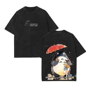 Vintage Washed My Neighbor Totoro Graphic Tee Oversized Studio Ghibli Anime T-Shirt Double-Sided Watercolor Print Hayao Miyazaki Streetwear Unisex Heavyweight Cotton Acid Wash Japanese Manga Merch Casual Aesthetic Harajuku Shirt Apparel For Teens & Men