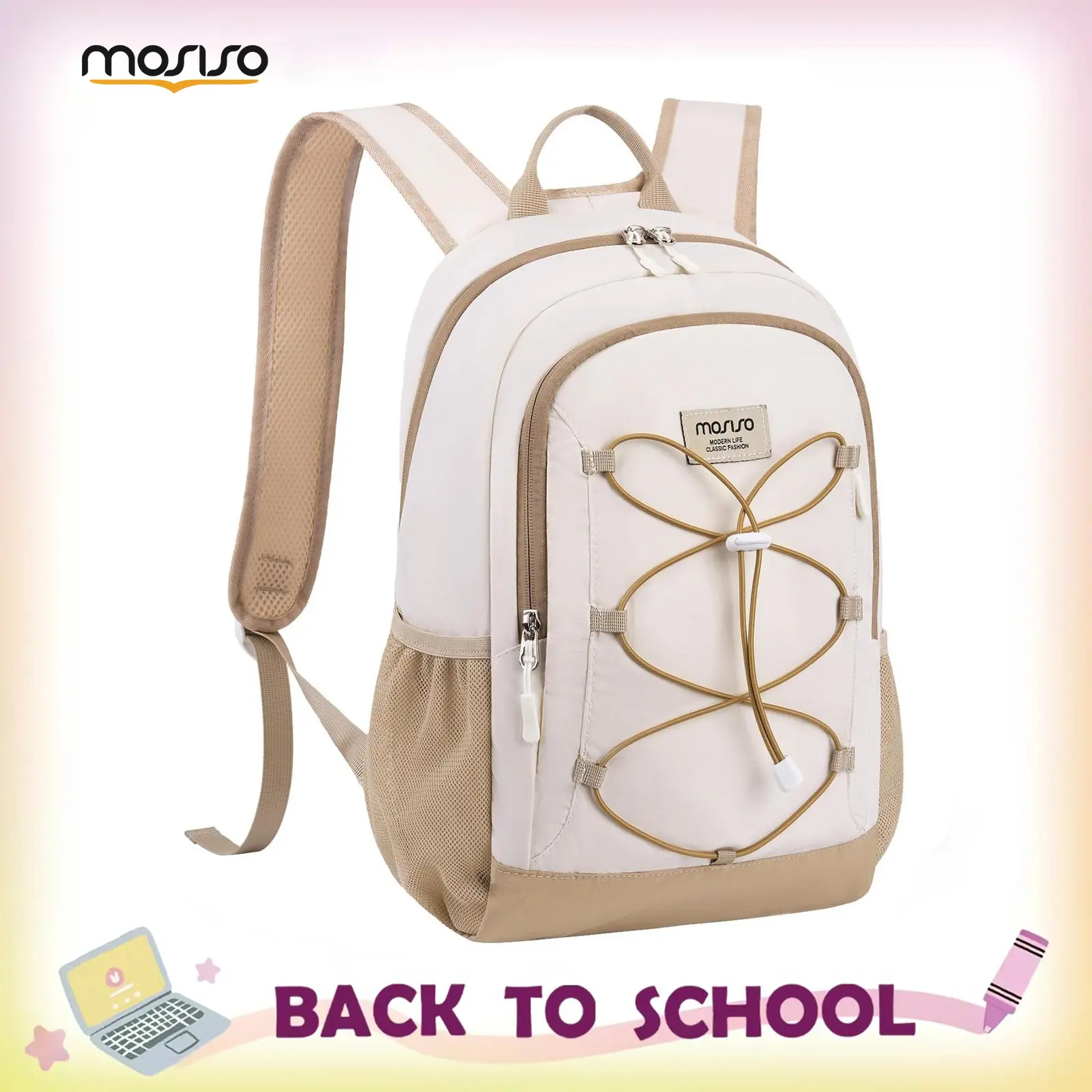 MOSISO 22L Small Hiking Backpack for Women Men, Lightweight Backpacks Foldable Travel Hiking Bags Outdoor Sport, Back pack Cycling Camping Daypack Casual Backpack with Elastic Cord Strap, Beige&Khaki