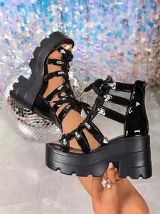 Women's 9.5CM Chunky Heel Gladiator Platform Sandals | Gothic Punk Street Style | Patent Leather Lace Up Front Back Zipper Hollow Out Non-slip Lug Sole Open Toe Ankle Sandals | For Ladies Daily Wear Rave Music Festival Party Club Night Out