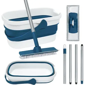 Collapsible Mop and Bucket Set with Foldable Bucket Washable Microfiber Mop for Tile Laminate Hardwood Floor Cleaning Blue