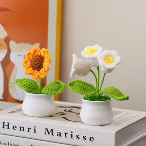 Handmade Knitted Sunflower Bellflower Plant Pot Decor, Artificial Wool Yarn Crochet Flower Bouquet, Office Desk Car Interior Decoration Gift, Artificial Flower Arrangements, Knitted Artificial Flowers