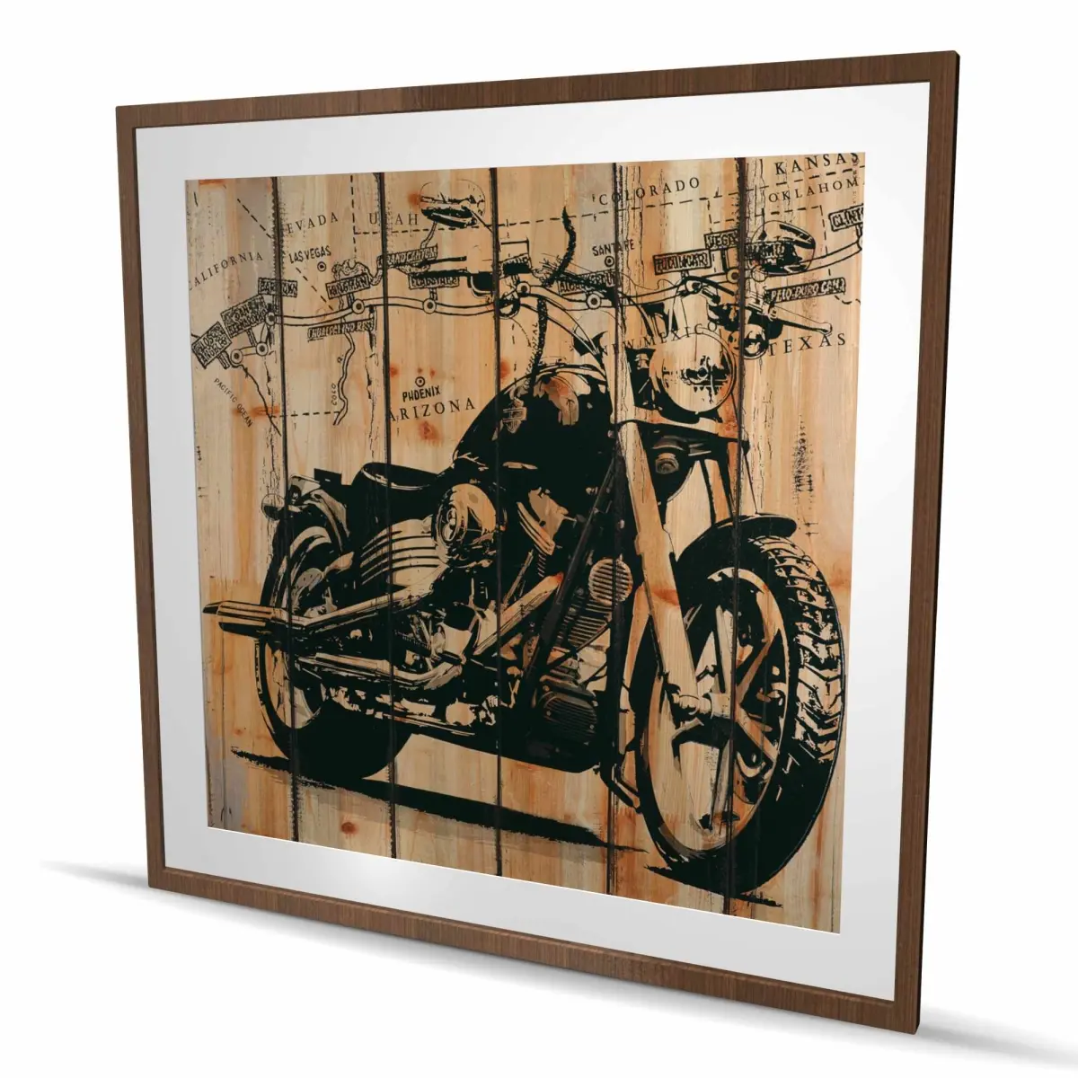 212 MAIN Brown Motorcycle Wood-Framed Matted Wall Photo Artwork - 48x48in Vintage Wood Background Decor, Artistic Room Decoration, Rustic Home Decor Print, Ideal Gift for Home Supplies