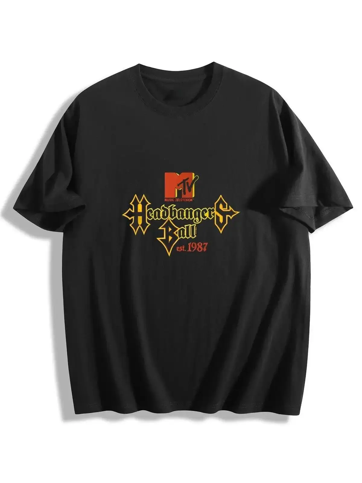 100% Cotton Relaxed Fit Crewneck Short Sleeve T-Shirt, MTV Headbangers Ball Est.1987 Vintage Metal Rock Gothic Letter Graphic Unisex Tee, Retro 80s Heavy Metal Music Apparel