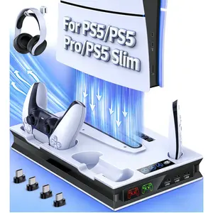 PS5 Stand and Cooling Station with Controller Charging Station for For PS5 Slim&PS5 Disc&Digital Editions Console, PS5 Accessories Incl. 3 Level Cooling Fan, LED, 3 USB Hub, Media Slot, Headset Holder