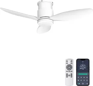 42'' Flush Mount Ceiling Fan with Lights, Remote/App Control, Dimmable, Silent Indoor/Outdoor Ceiling Fan for Porch, Bedroom, Kitchen, White