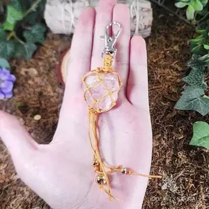 Raw Rose Quartz Crystal Keychain, Hand-Crafted with Hemp and Beads, 6 Inches Long