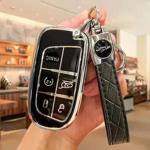 Car Key Fob Cover with Keychain, Car Key Holder, Car Key Accessory, Soft TPU Car Keys Protector Case for Jeep Chrysler 200 300 Dodge RAM Challenger Journey Smart Key