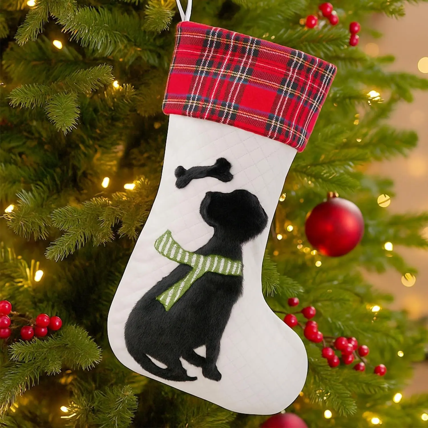 Christmas Stocking Dog 21 Inch Large Animal Christmas Stocking Single Xmas Stocking with 3D Dog 21" Dog Xmas Stocking Luxurious Velvet Red Black White Stocking for Christmas Decor Fireplace Xmas Tree