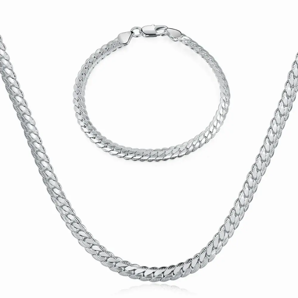 silver color Bracelet Necklace Set 5mm Wide Snake Chain Unisex Jewelry Set For Women&Men Anniversary Gift For Mum Wife Lovers