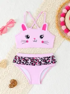 Little Cat Print Bikini Set for Girls, Summer Beachwear, Fashion Swimwear, Swimwear Sets, Perfect for Pool Parties and Vacations