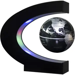 Floating Globe with LED Lights C Shape Magnetic Levitation World Map for Desk Decoration (Black-Silver)