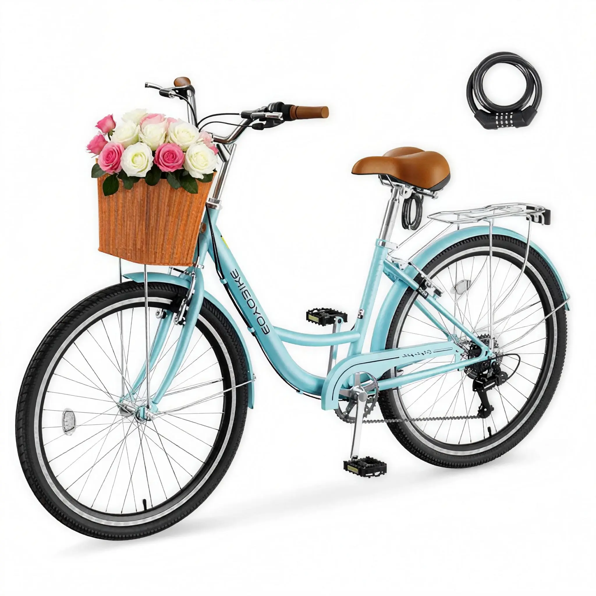 EOYOBIKE Adult Bike 7 Speed, 24/26 inch CIty Cruiser Bikes for Women,Step-Through Frame with Front Basket for City Commuting